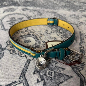 Coach Turquoise & Yellow Striped Leather Dog Collar Silver Charm - Size M